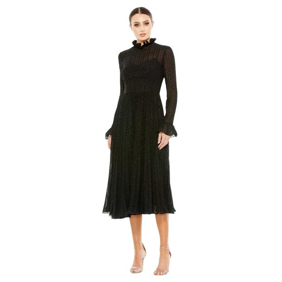 Mac Duggal NWT Embroidered Long Sleeve Ruffle Dress in Black Size 10
